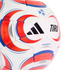 Close-up of a white Adidas Tiro soccer ball with red and blue graphic patterns against a black background.