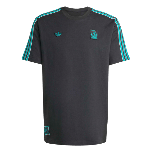 Charcoal grey Adidas short-sleeve t-shirt featuring a teal Liverpool FC crest and Adidas trefoil logo. Teal and grey stripes run along the shoulders.