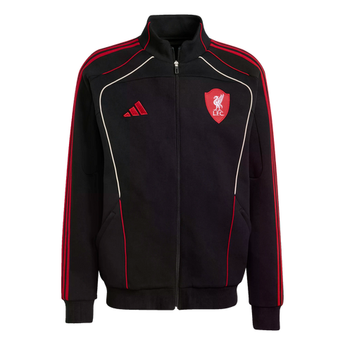 Black Adidas track jacket featuring a red Liverpool FC crest, red sleeve stripes, and white and red piping accents on the front.