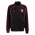 Black Adidas track jacket featuring a red Liverpool FC crest, red sleeve stripes, and white and red piping accents on the front.