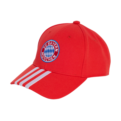 Red Adidas baseball cap with the FC Bayern München crest on the front and three white stripes on the brim.