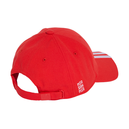 Back-right view of a red baseball cap with "MIA SAN MIA" embroidered in white on the side. Features white stripes on the brim and an adjustable strap at the back.