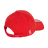 Back-right view of a red baseball cap with "MIA SAN MIA" embroidered in white on the side. Features white stripes on the brim and an adjustable strap at the back.