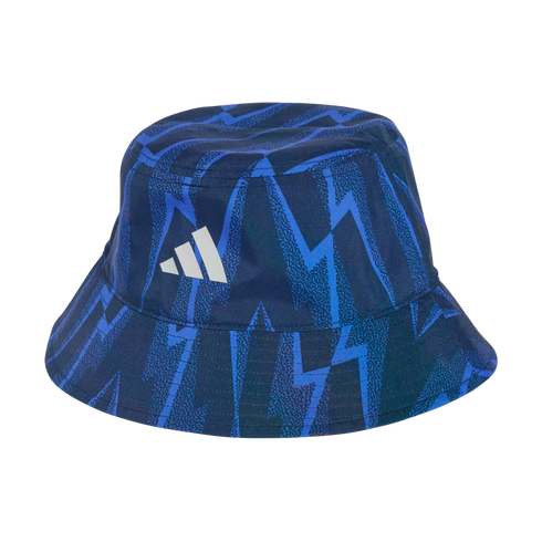 Navy blue Adidas bucket hat featuring a vibrant blue lightning bolt pattern and a white three-bar logo on the side.