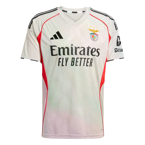 Adidas S.L. Benfica soccer jersey in light gray with red side accents, featuring the club crest and "Emirates FLY BETTER" sponsor logo.