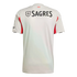 The back of a light grey soccer jersey featuring a black "SAGRES" sponsor logo, red side panels, and black shoulder stripes.