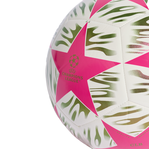Close-up of a white UEFA Champions League soccer ball featuring bright pink stars and green-and-white textured patterns.