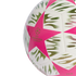 Close-up of a white UEFA Champions League soccer ball featuring bright pink stars and green-and-white textured patterns.