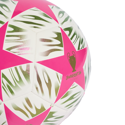 White and pink soccer ball with star panels, featuring green tiger-stripe patterns and a gold 'Budapest 26 Final' Champions League trophy logo.