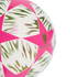 White and pink soccer ball with star panels, featuring green tiger-stripe patterns and a gold 'Budapest 26 Final' Champions League trophy logo.