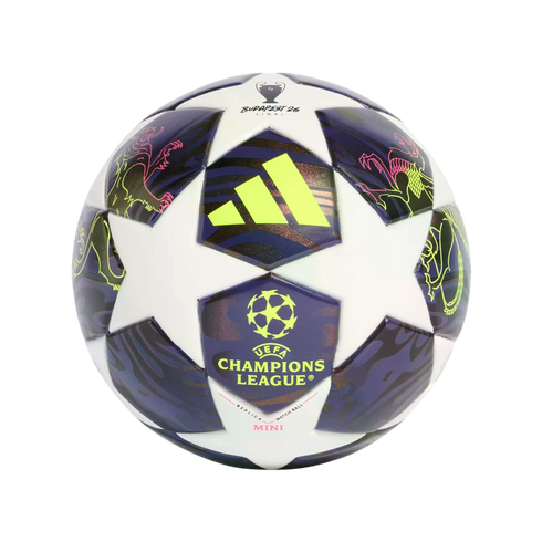 Adidas UEFA Champions League Budapest 26 Final mini soccer ball featuring white star panels and dark purple segments with neon yellow and pink lion graphics and logos.