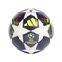Adidas UEFA Champions League Budapest 26 Final mini soccer ball featuring white star panels and dark purple segments with neon yellow and pink lion graphics and logos.