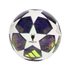 Adidas UEFA Champions League "Budapest 26 Final" mini soccer ball with white and purple star panels, featuring neon griffin illustrations and a yellow logo.
