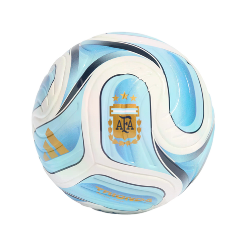 Light blue and white Adidas soccer ball featuring a gold Argentina AFA crest and three stars against a solid black background.