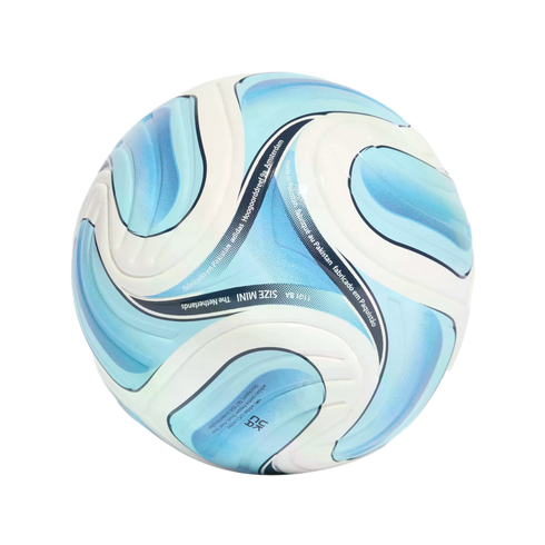 A mini soccer ball with a swirling blue and white pattern against a black background.