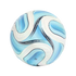 A mini soccer ball with a swirling blue and white pattern against a black background.