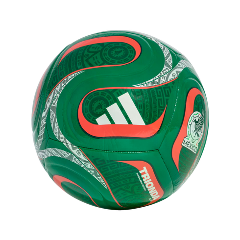 Green Adidas Mexico soccer ball with red and white accents, featuring Aztec-style geometric patterns, the Mexico team crest, and the "TRIONDA" logo.