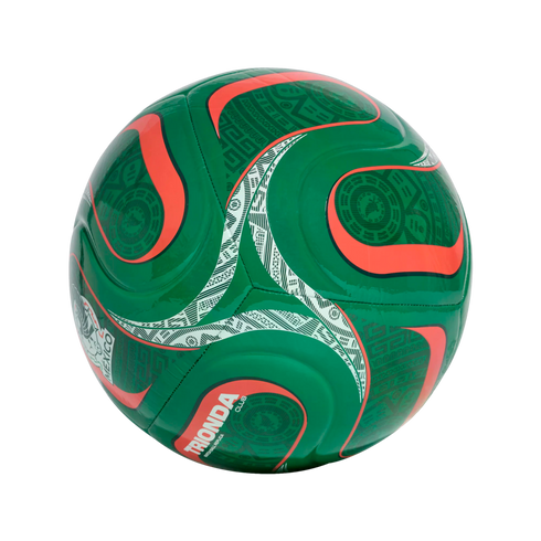 Green soccer ball featuring wavy red outlines and white patterned bands. It displays intricate geometric designs, the word 'MEXICO', and 'TRIONDA CLUB' branding.