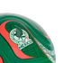 Close-up of a green soccer ball featuring the Mexico national football team crest and intricate red and white patterns.