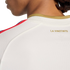 Close-up of a white mesh jersey featuring gold lettering reading "LA VINOTINTO" below a gold collar, with red and blue stripes along the shoulder.