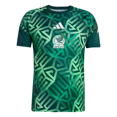 A front-facing green short-sleeved Mexico national team soccer jersey with an intricate geometric pattern. A centered Mexico national team crest and white Adidas logo are displayed on the chest.