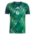 A front-facing green short-sleeved Mexico national team soccer jersey with an intricate geometric pattern. A centered Mexico national team crest and white Adidas logo are displayed on the chest.