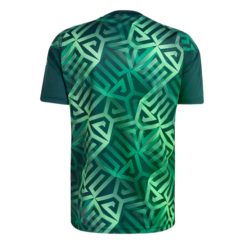 Back view of a short-sleeved jersey with an intricate geometric pattern in shades of emerald and lime green. Solid dark green sleeves.