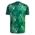 Back view of a short-sleeved jersey with an intricate geometric pattern in shades of emerald and lime green. Solid dark green sleeves.