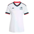 A white Mexico national team soccer jersey with dark green and red accents. The V-neck collar and sleeve cuffs are trimmed in dark green and red. Dark green stripes run along the shoulders, and the chest features a black Adidas Trefoil logo on the right a