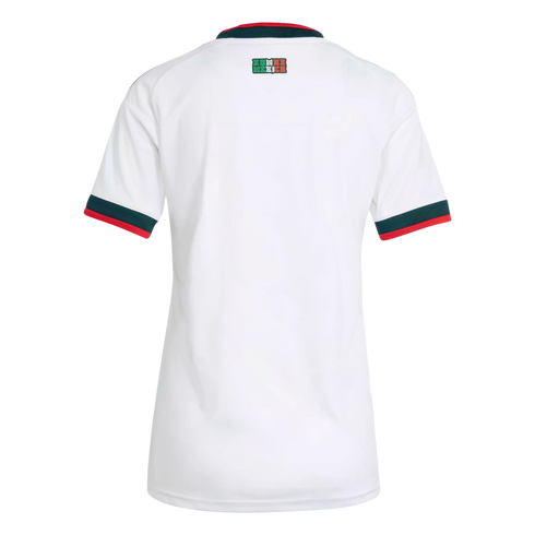 The back view of a white short-sleeve jersey with green and red trim on the collar and cuffs, featuring a small "Somos México" graphic centered at the top back.