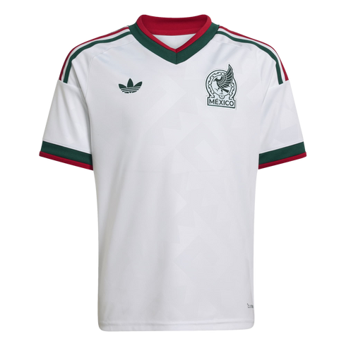 A white Adidas Mexico national team soccer jersey with red and green accents on the v-neck collar, shoulders, and sleeves, featuring the team crest and trefoil logo.
