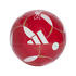 Red Adidas Liverpool FC replica soccer ball featuring white logos and gold accents on a black background.