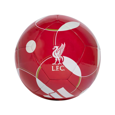 Red Liverpool F.C. soccer ball featuring the white Liver Bird crest, "L.F.C." text, gold accents, and white geometric patterns on a black background.