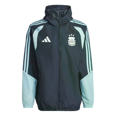 Dark gray Adidas Argentina hooded windbreaker with light blue accents, featuring the AFA crest with three stars on the chest.