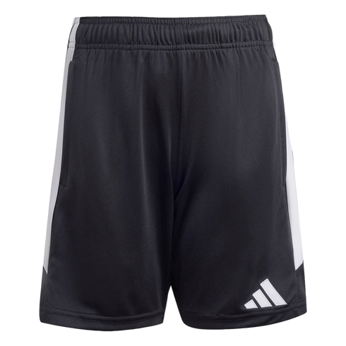 Black Adidas athletic shorts with white side panels and a white logo on the lower left leg.
