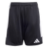 Black Adidas athletic shorts with white side panels and a white logo on the lower left leg.