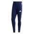 Navy blue Adidas sweatpants with three white side stripes and the white logo on the thigh. Features an elastic waistband and ankle cuffs.