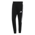 Black Adidas sweatpants with a white logo on the left thigh and white stripes down the side of the right leg.