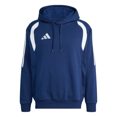 Navy blue Adidas hoodie with white curved shoulder panels, three-stripe sleeve accents, and a white chest logo. It features a drawstring hood and a front pouch pocket.