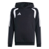 A black Adidas hoodie featuring white curved shoulder accents, stripes on the outer sleeves, and a three-bar logo on the chest.