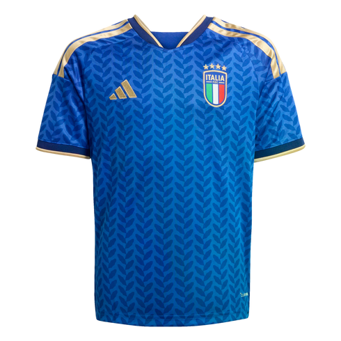 Blue Adidas Italy national soccer jersey featuring gold accents, shoulder stripes, and a subtle leaf pattern. The Italian team crest is displayed on the chest.