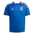 Blue Adidas Italy national soccer jersey featuring gold accents, shoulder stripes, and a subtle leaf pattern. The Italian team crest is displayed on the chest.