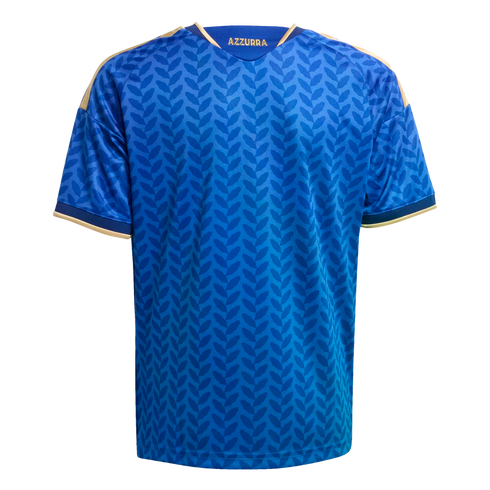 Back of a blue sports jersey with a leaf-like pattern, gold trim on the collar and sleeves, and "AZZURRA" printed in gold on the neck.
