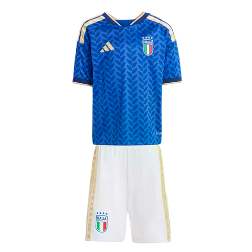 An Italy national soccer youth kit with a blue patterned jersey and white shorts, both featuring gold accents and the official team crest.