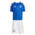 An Italy national soccer youth kit with a blue patterned jersey and white shorts, both featuring gold accents and the official team crest.