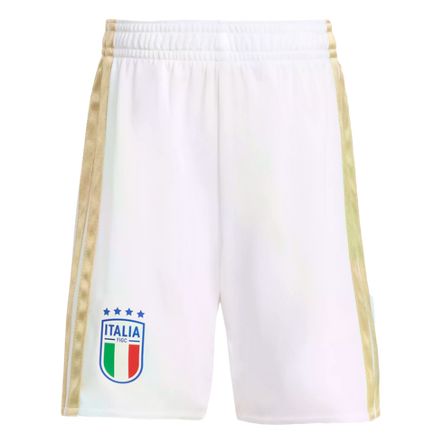 White Italy national soccer team shorts with gold side stripes and a crest featuring the Italian flag and four stars on the lower left leg.