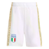 White Italy national soccer team shorts with gold side stripes and a crest featuring the Italian flag and four stars on the lower left leg.