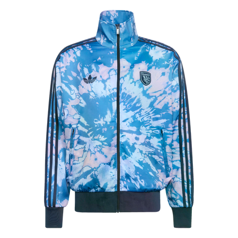A blue and white tie-dye Adidas San Jose Earthquakes track jacket with dark grey trim and the team crest on the chest.