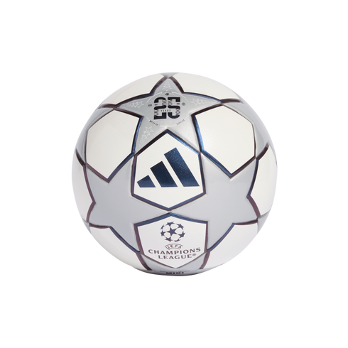 Adidas UEFA Champions League mini soccer ball featuring silver star-shaped panels, white sections, and "25 Years" branding, centered on a black background.