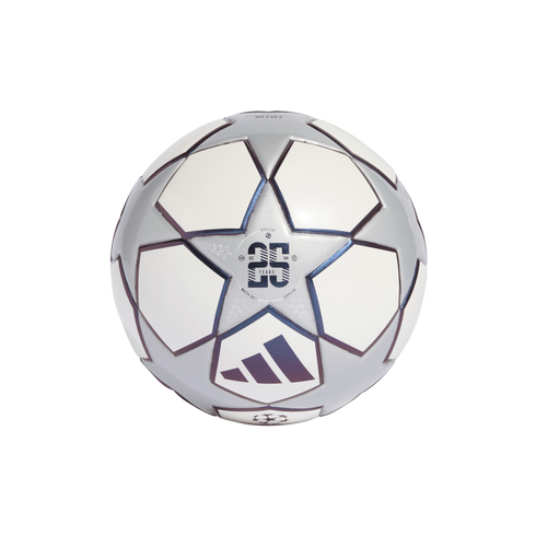A silver and white Adidas UEFA Champions League mini soccer ball with star-shaped panels and "25 YEARS" branding.